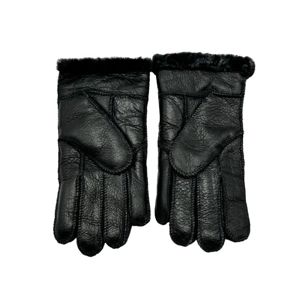 NWT Women’s Shearling Gloves Sz 7 Black Leather Sheepskin Fur Lining